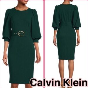 Calvin Klein Belted Balloon Sleeve Sheath Dress Emerald Green
